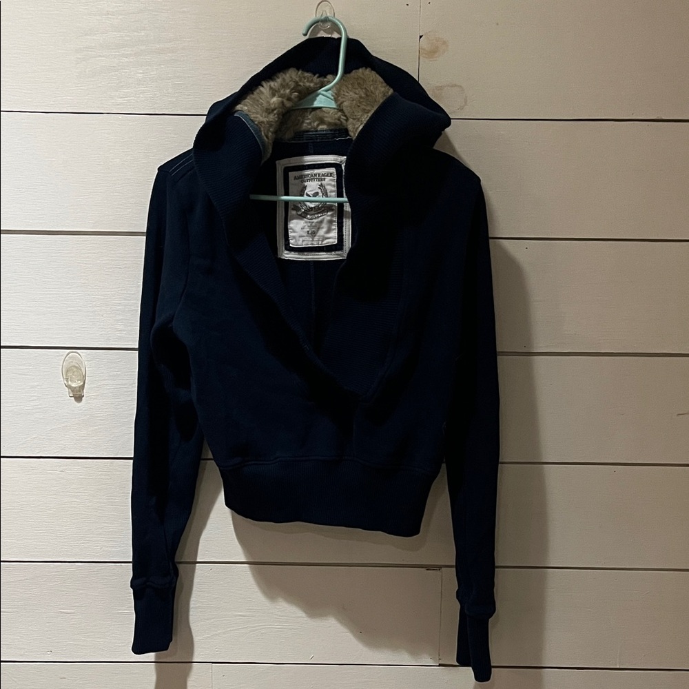 American Eagle Navy Blue Hooded sweater Crop Top with Fur Trim